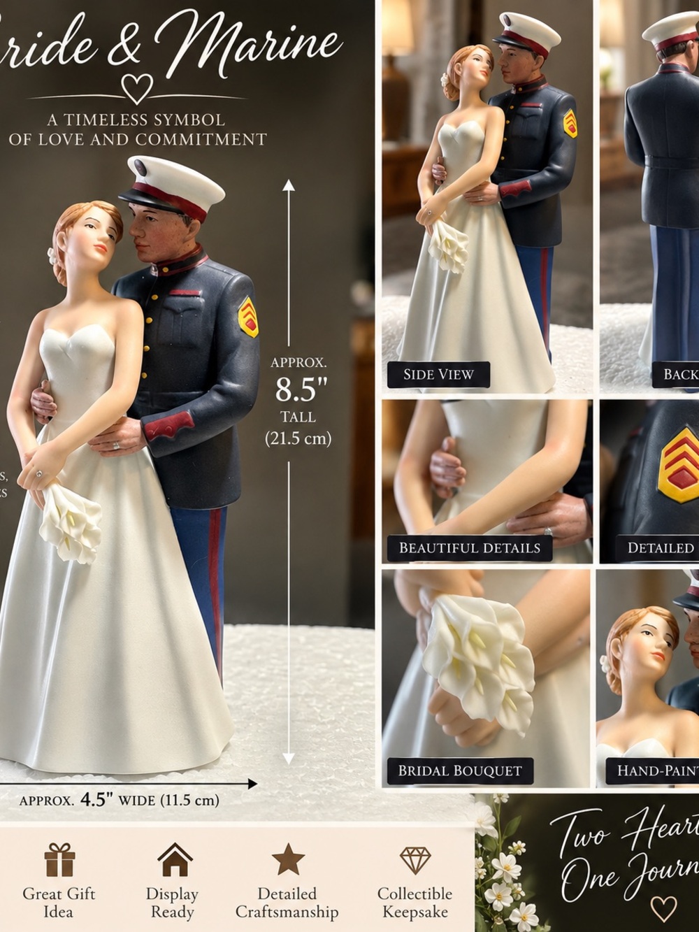 Wedding Cake Topper - Gold & White Military Couple Figurine